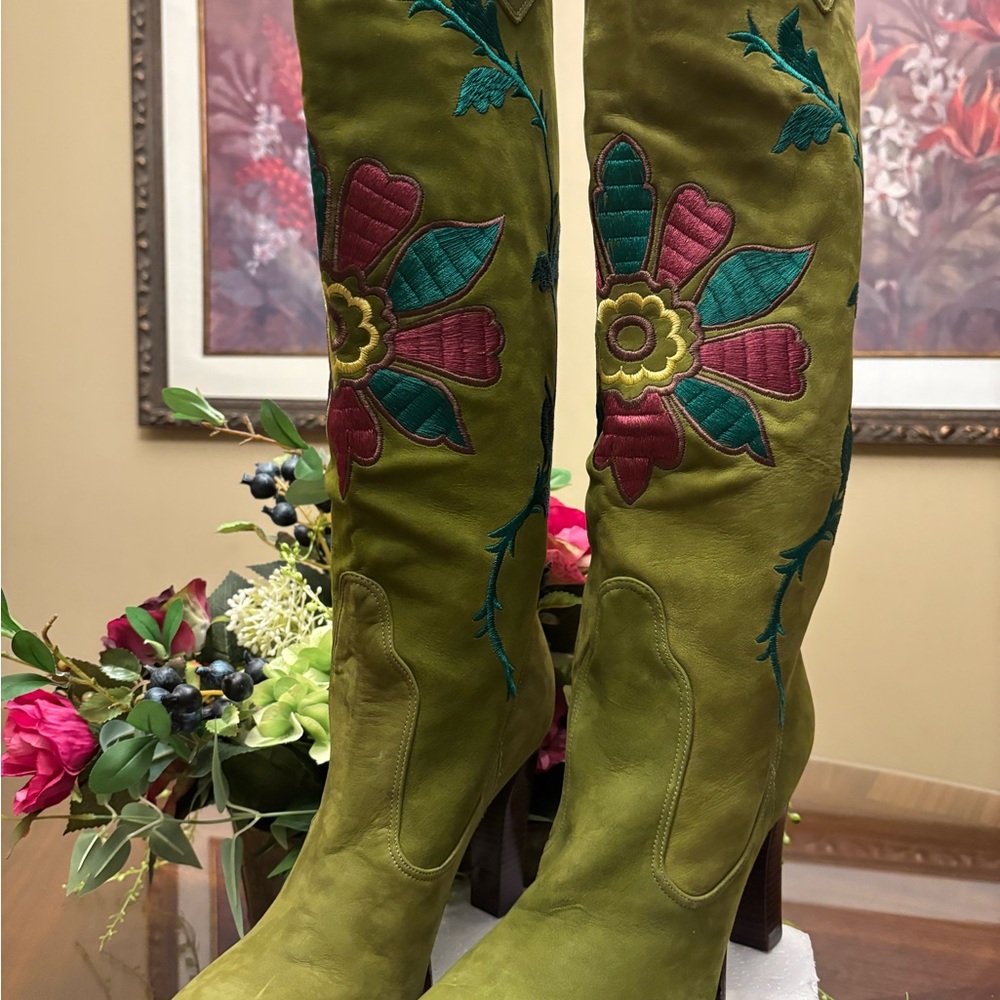 Vince Camuto Floral Embroidered Knee-High Boots - Green Size 7